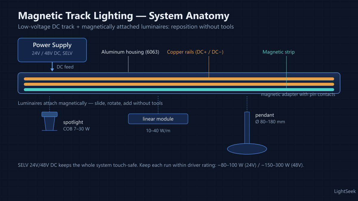 Magnetic track lighting system anatomy — track rail, magnetic strip, copper conductive rails, DC power supply, and magnetic luminaires